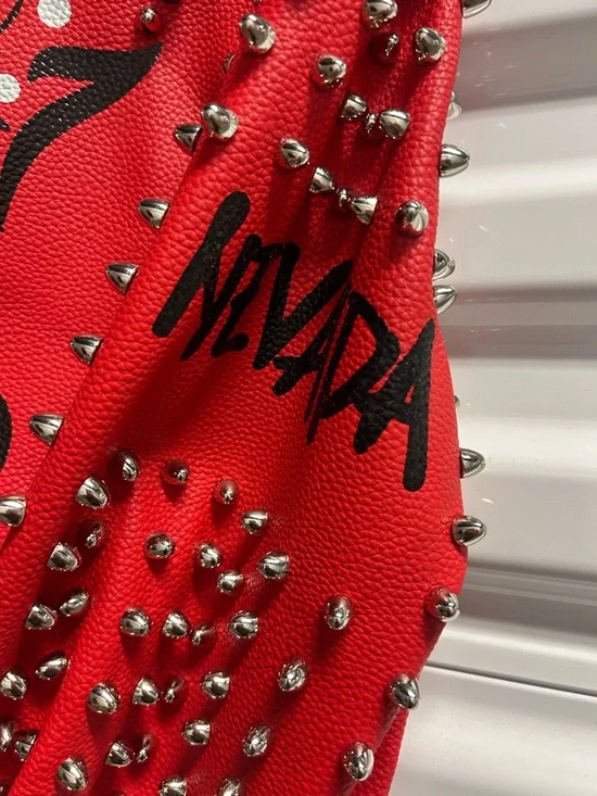 Red Studded Leather Jacket Sleeve Detail - Picture 5 of 10